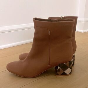 Toms Emmy Hazel Tan Leather Aztec Geometric Heel Booties